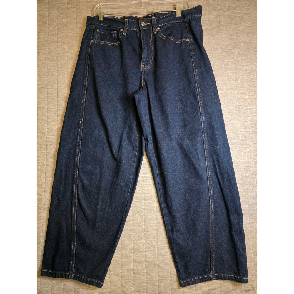 1435 Free Assembly Wom Indigo Wide Leg Barrel Jeans Sz 8 High Rise Cropped Denim